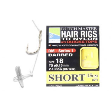 Preston Dutch Master Hair Rigs With Quickstops Short 15cm Barbed Size 14